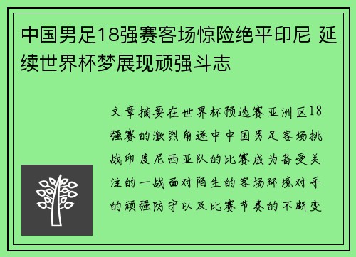 中国男足18强赛客场惊险绝平印尼 延续世界杯梦展现顽强斗志 中国男足18强赛客场惊险绝平印尼 延续世界杯梦展现顽强斗志